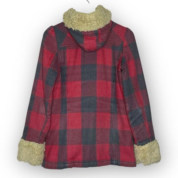Roxy Red Buffalo Plaid Faux Fur Grunge Goth Emo Y2K Jacket Skate Size Small - Picture 2 of 10